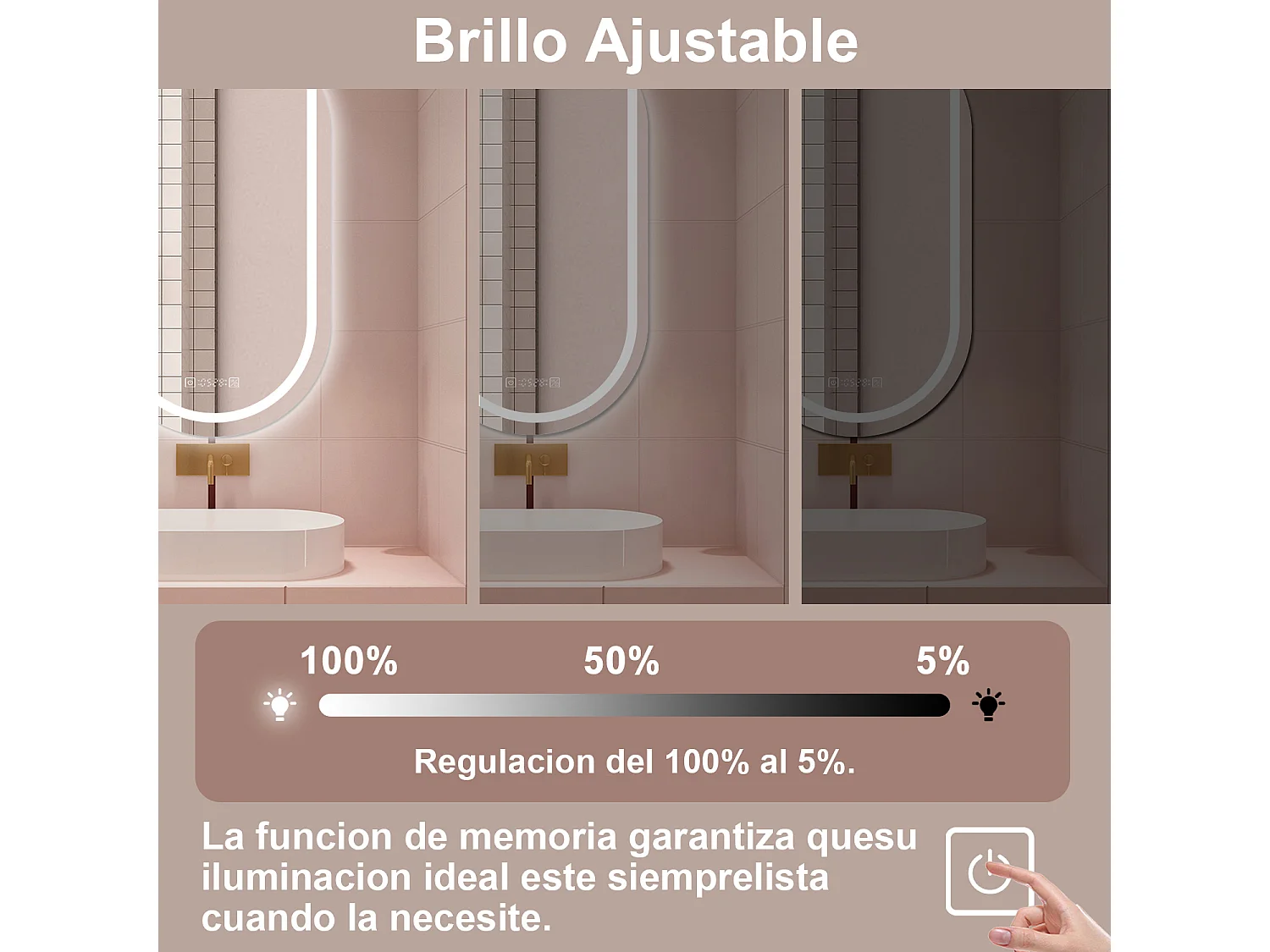 AICA Espelho de Banho LED 3 Cores,Antiembaçante,Regulagem Contínua e Memória de Luz,50×70cm