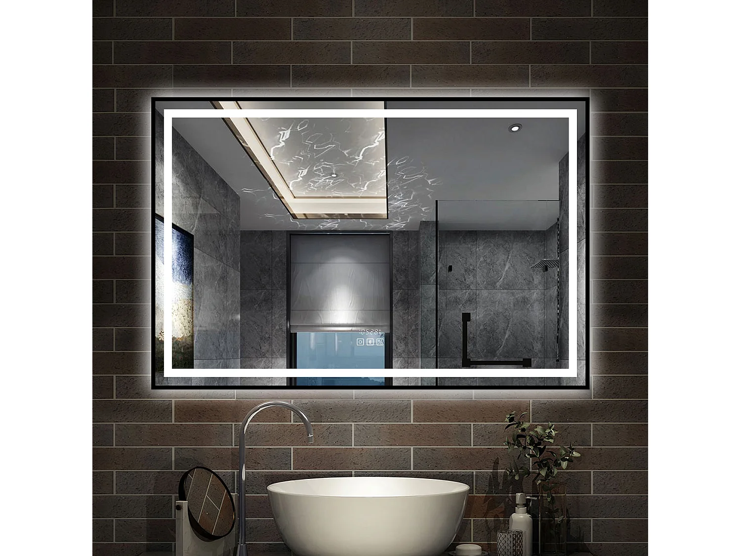 AICA Espelho de Banheiro com LED Tricolor,120×80cm,Antiembaçante,Bluetooth,Relógio e Memória de Energia,Regulagem Contínua de Brilho