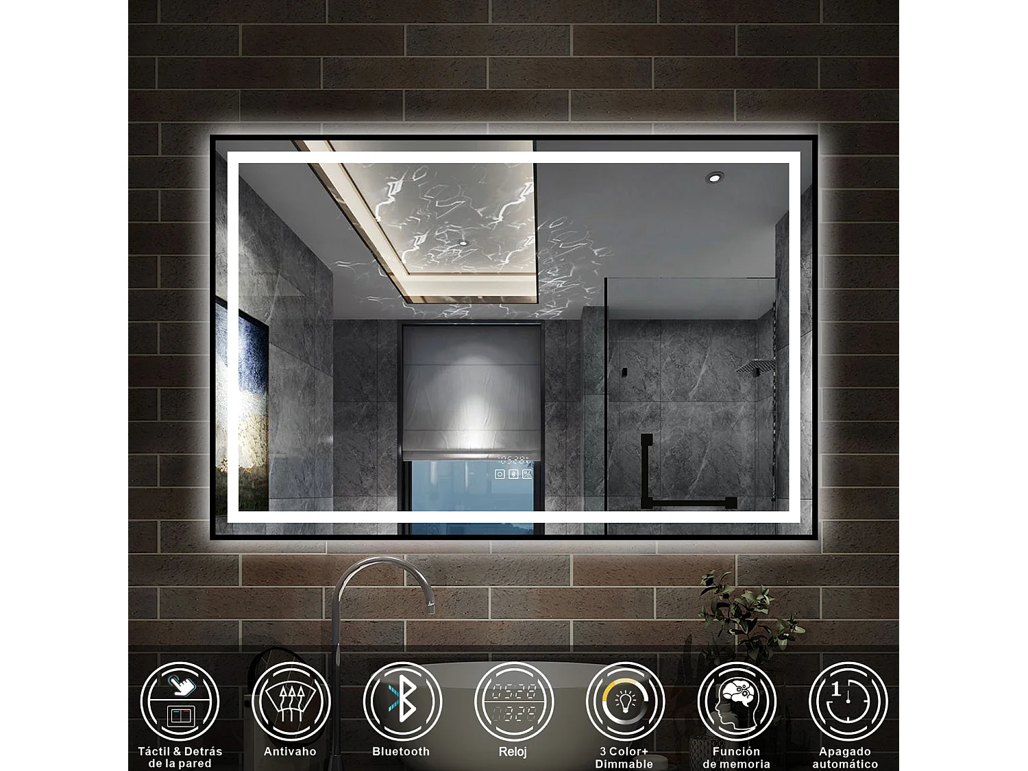 AICA Espelho de Banheiro com LED Tricolor,120×80cm,Antiembaçante,Bluetooth,Relógio e Memória de Energia,Regulagem Contínua de Brilho