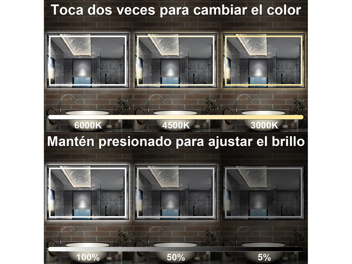 AICA Espelho de Banheiro com LED Tricolor,120×80cm,Antiembaçante,Bluetooth,Relógio e Memória de Energia,Regulagem Contínua de Brilho