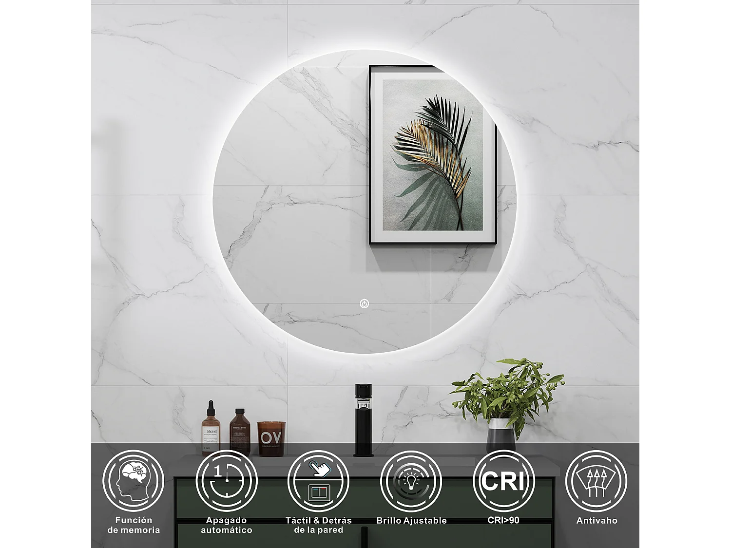 AICA Espelho de Banho com LED Branco,90×90cm,Antiembaçante,Regulagem Contínua e Memória de Luz