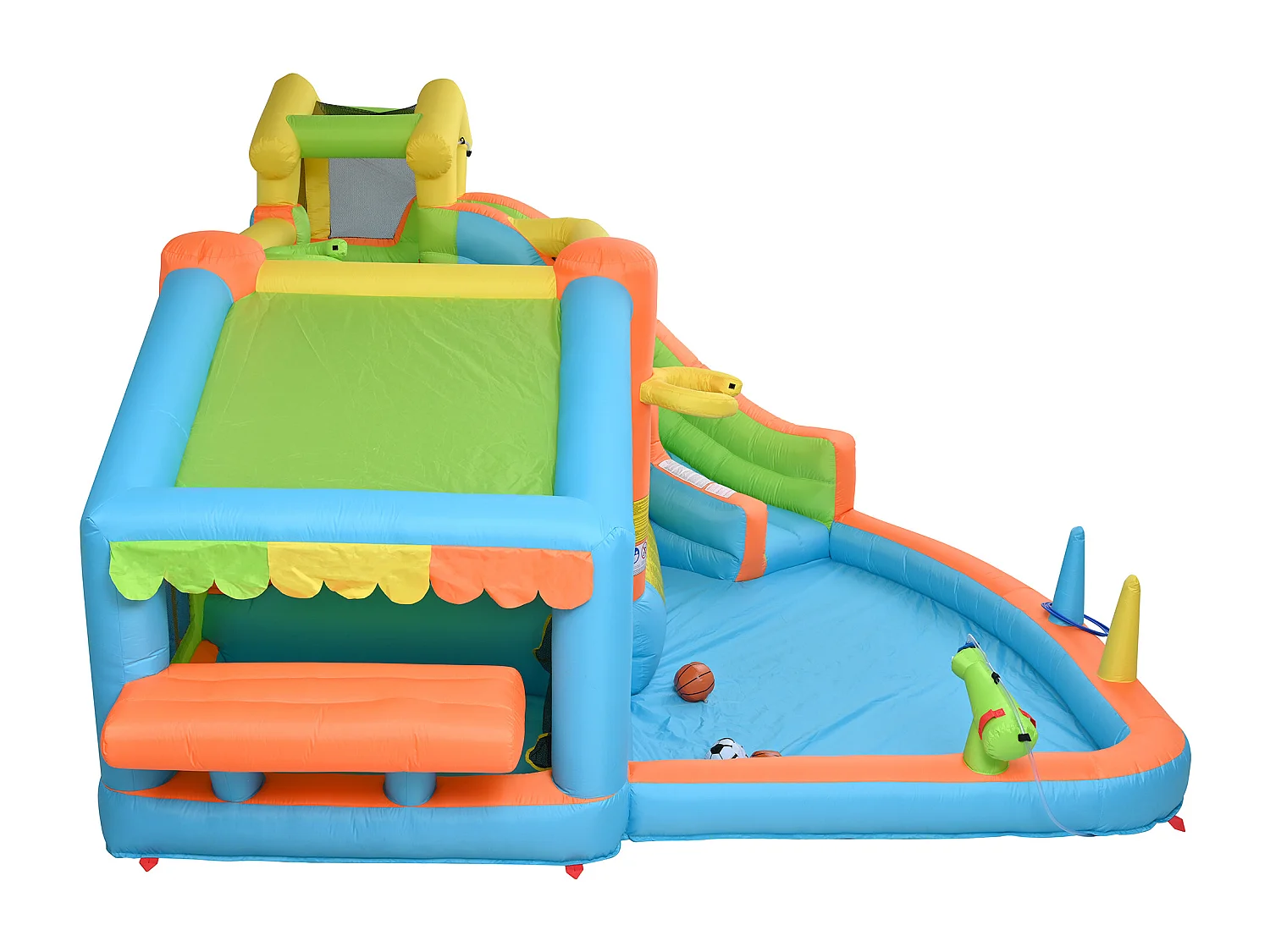 Château gonflable enfants en tissu Oxford - Toboggan, panier de basket, cuisine miniature