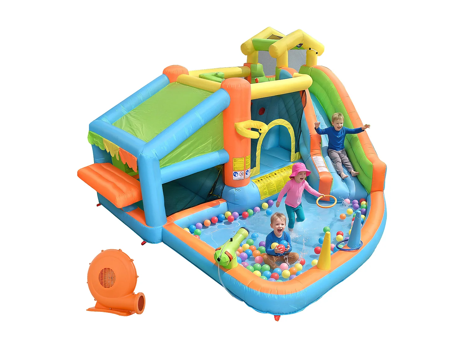 Château gonflable enfants en tissu Oxford - Toboggan, panier de basket, cuisine miniature