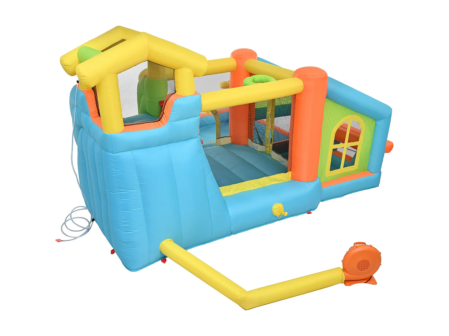 Château gonflable enfants en tissu Oxford - Toboggan, panier de basket, cuisine miniature