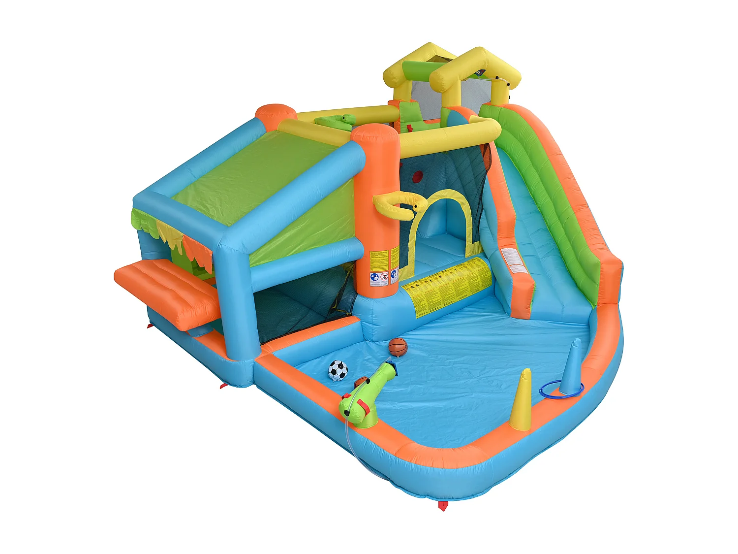 Château gonflable enfants en tissu Oxford - Toboggan, panier de basket, cuisine miniature