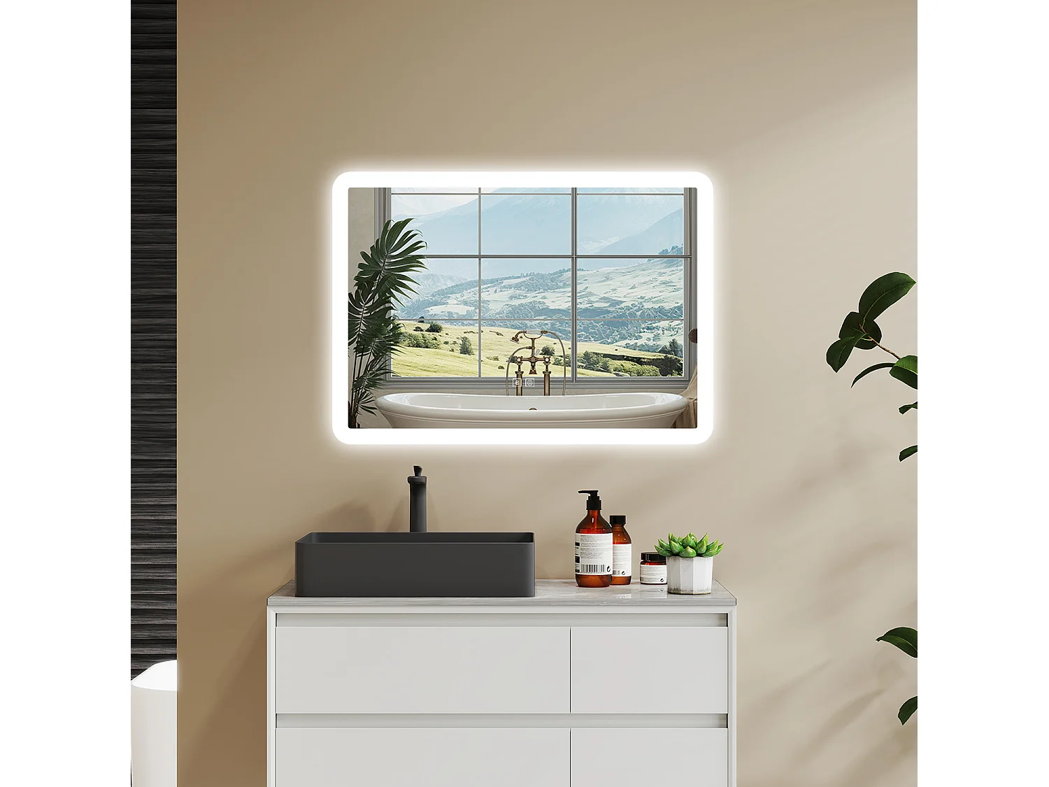 AICA Espelho de Banho Inteligente LED 3 Cores 80×60cm,Antiembaçante,Bluetooth,Regulagem Contínua e Memória de Configuração