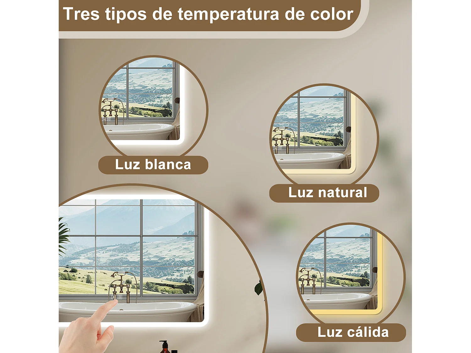 AICA Espelho de Banho Inteligente LED 3 Cores 80×60cm,Antiembaçante,Bluetooth,Regulagem Contínua e Memória de Configuração