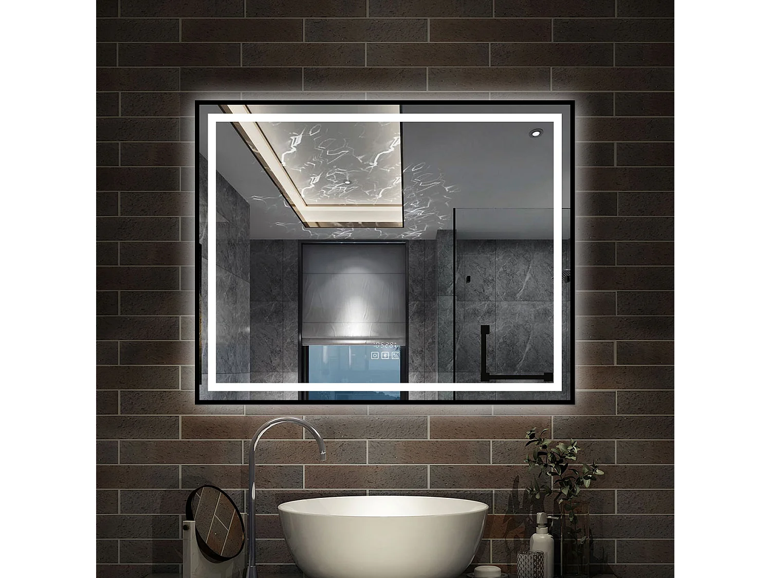 AICA Espelho de Banheiro com LED Tricolor,100×80cm,Antiembaçante,Bluetooth,Relógio e Memória de Energia,Regulagem Contínua de Brilho