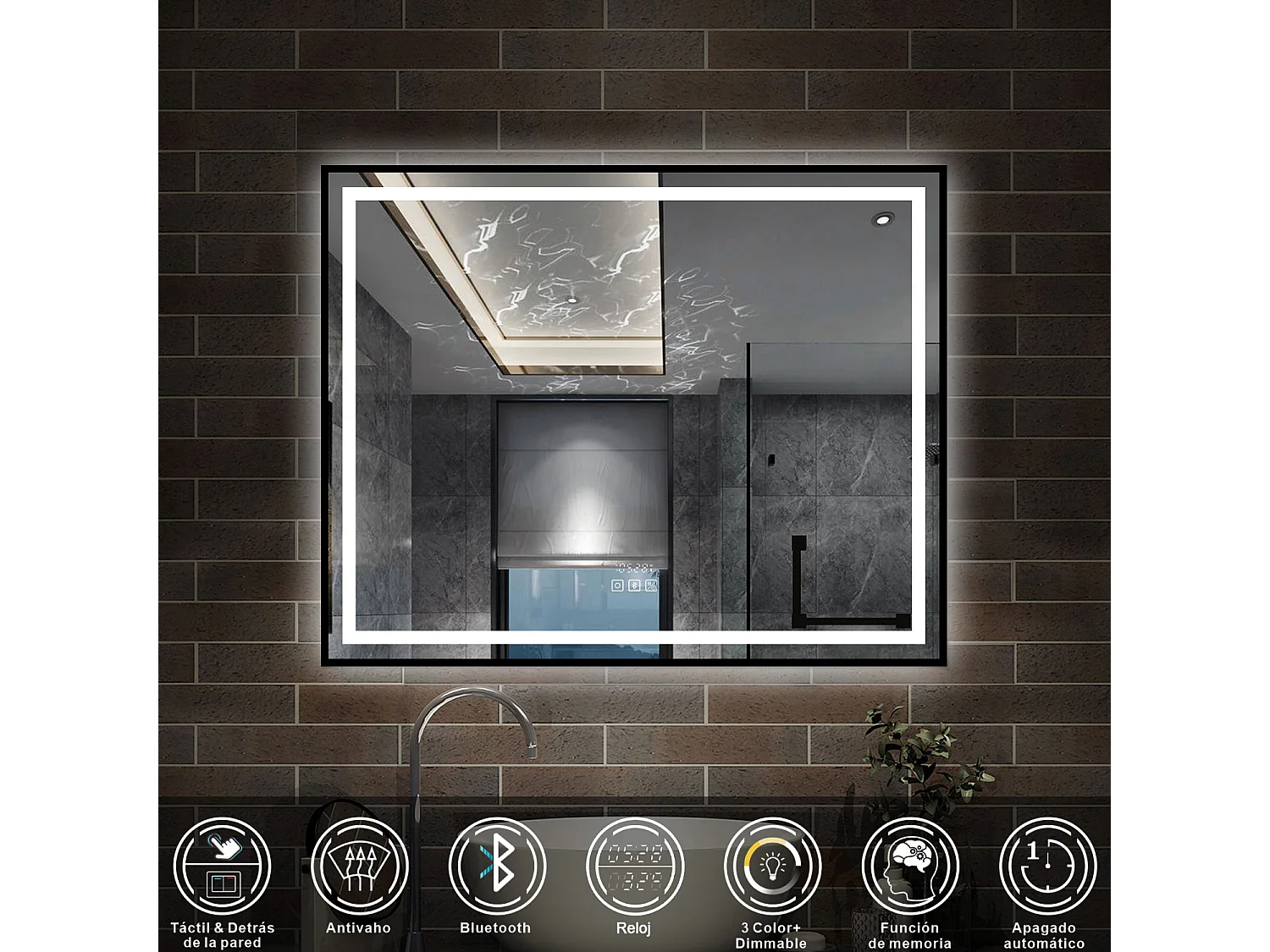 AICA Espelho de Banheiro com LED Tricolor,100×80cm,Antiembaçante,Bluetooth,Relógio e Memória de Energia,Regulagem Contínua de Brilho
