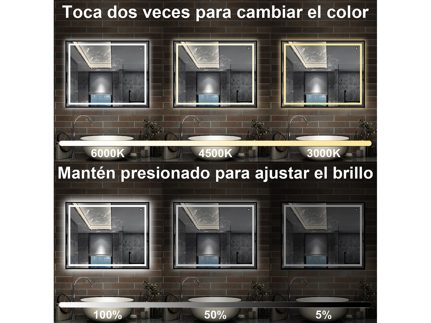 AICA Espelho de Banheiro com LED Tricolor,100×80cm,Antiembaçante,Bluetooth,Relógio e Memória de Energia,Regulagem Contínua de Brilho