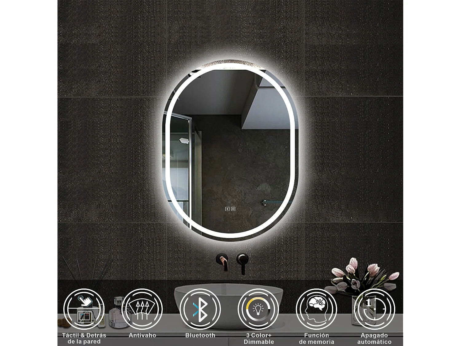 AICA Espelho de Banho LED 3 Cores com Antiembaçante,Bluetooth,Regulagem Contínua e Memória,50×70cm