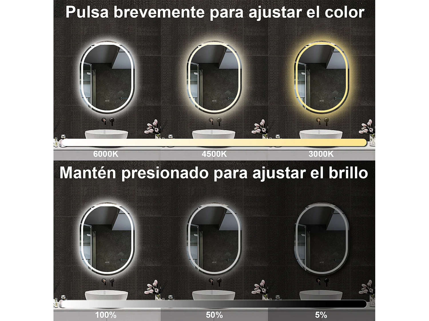 AICA Espelho de Banho LED 3 Cores com Antiembaçante,Bluetooth,Regulagem Contínua e Memória,50×70cm