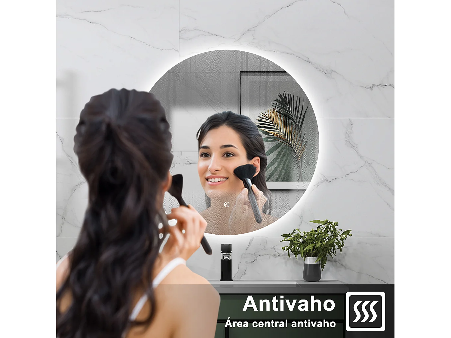 AICA Espelho de Banho com LED Branco,100×100cm,Antiembaçante,Regulagem Contínua e Memória de Luz