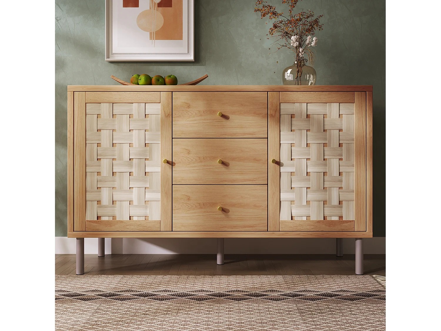 Sideboard im Landhausstil – 120 x 40 x 75 cm – mit 2 Türen und 3 Schubladen – Metallbeine – Holz – natur