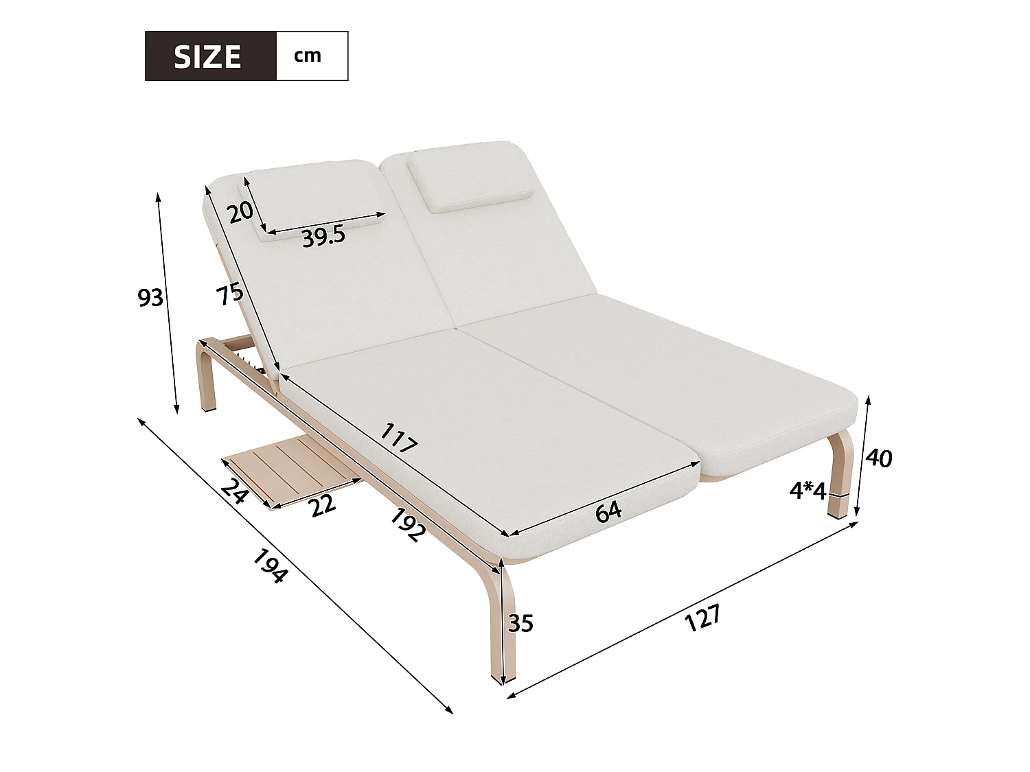 Leżak ogrodowy podwójny - regulowane oparcie (5 pozycji), z rozsuwanym stolikiem bocznym i zagłówkiem - Beżowy