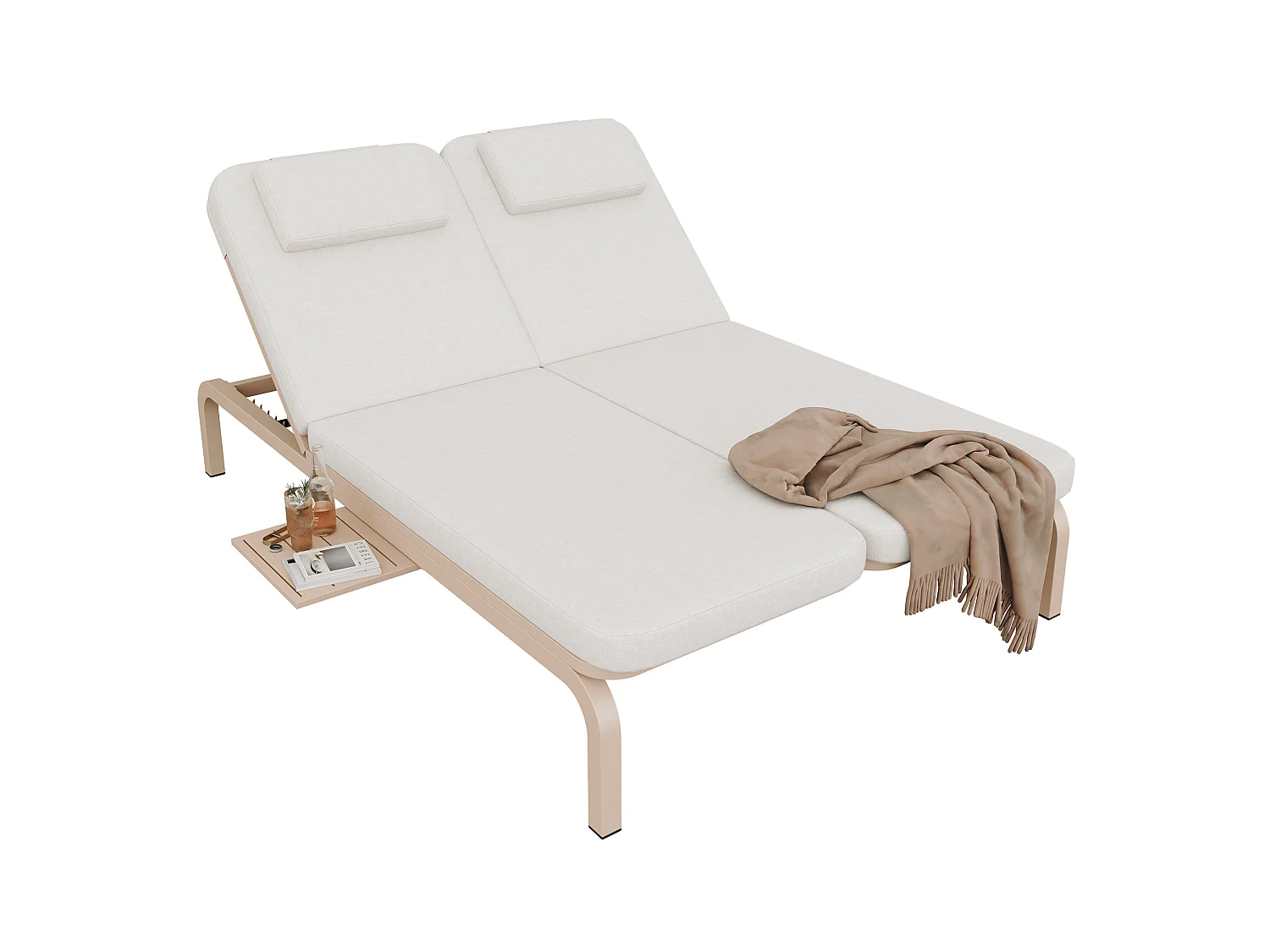 Leżak ogrodowy podwójny - regulowane oparcie (5 pozycji), z rozsuwanym stolikiem bocznym i zagłówkiem - Beżowy