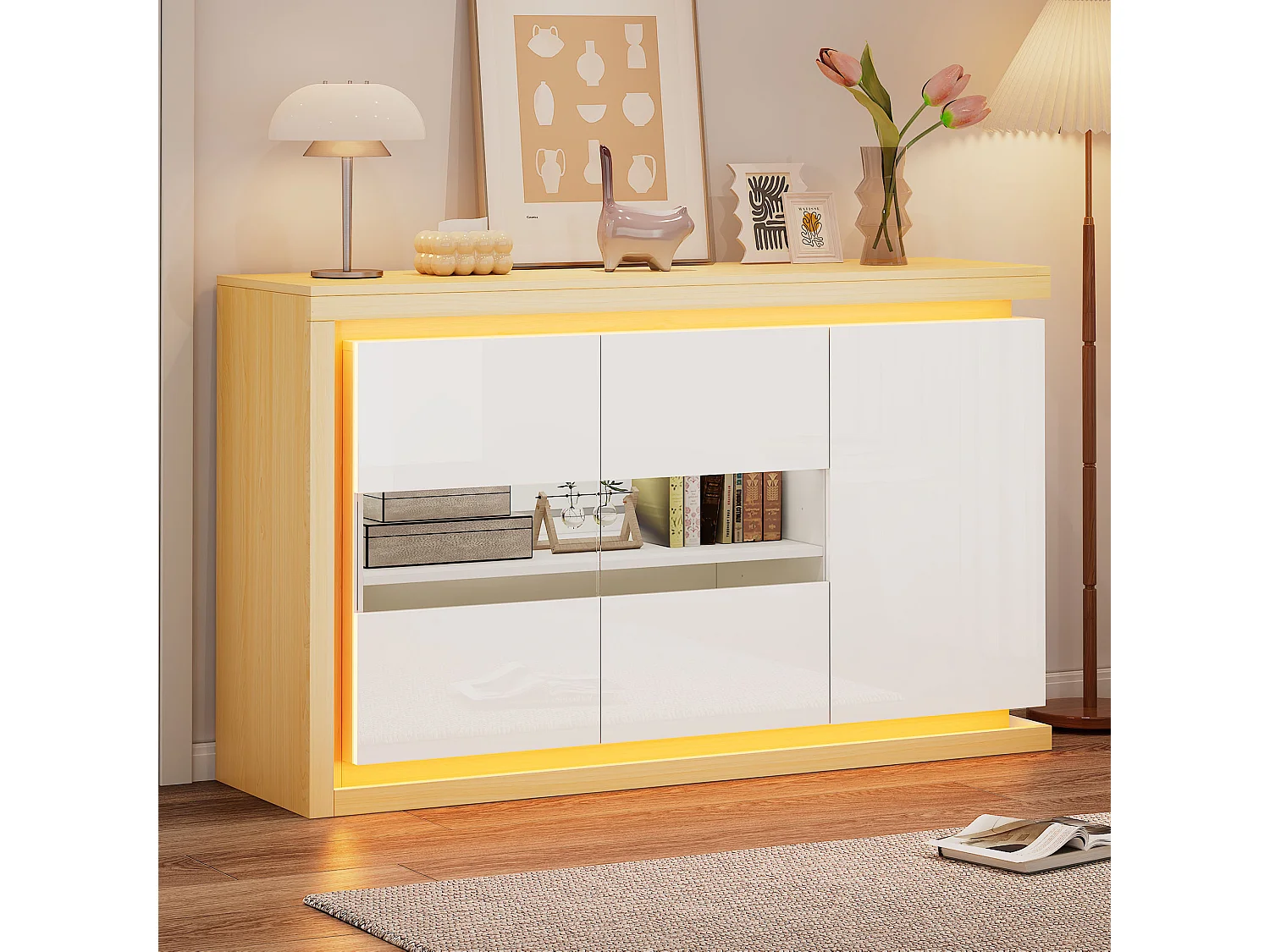 Komoda lakierowana na wysoki połysk do salonu - 140 x 40 x 84 cm - z diodami LED + drzwi ze szkła hartowanego - płyta wiórowa - kolor biały