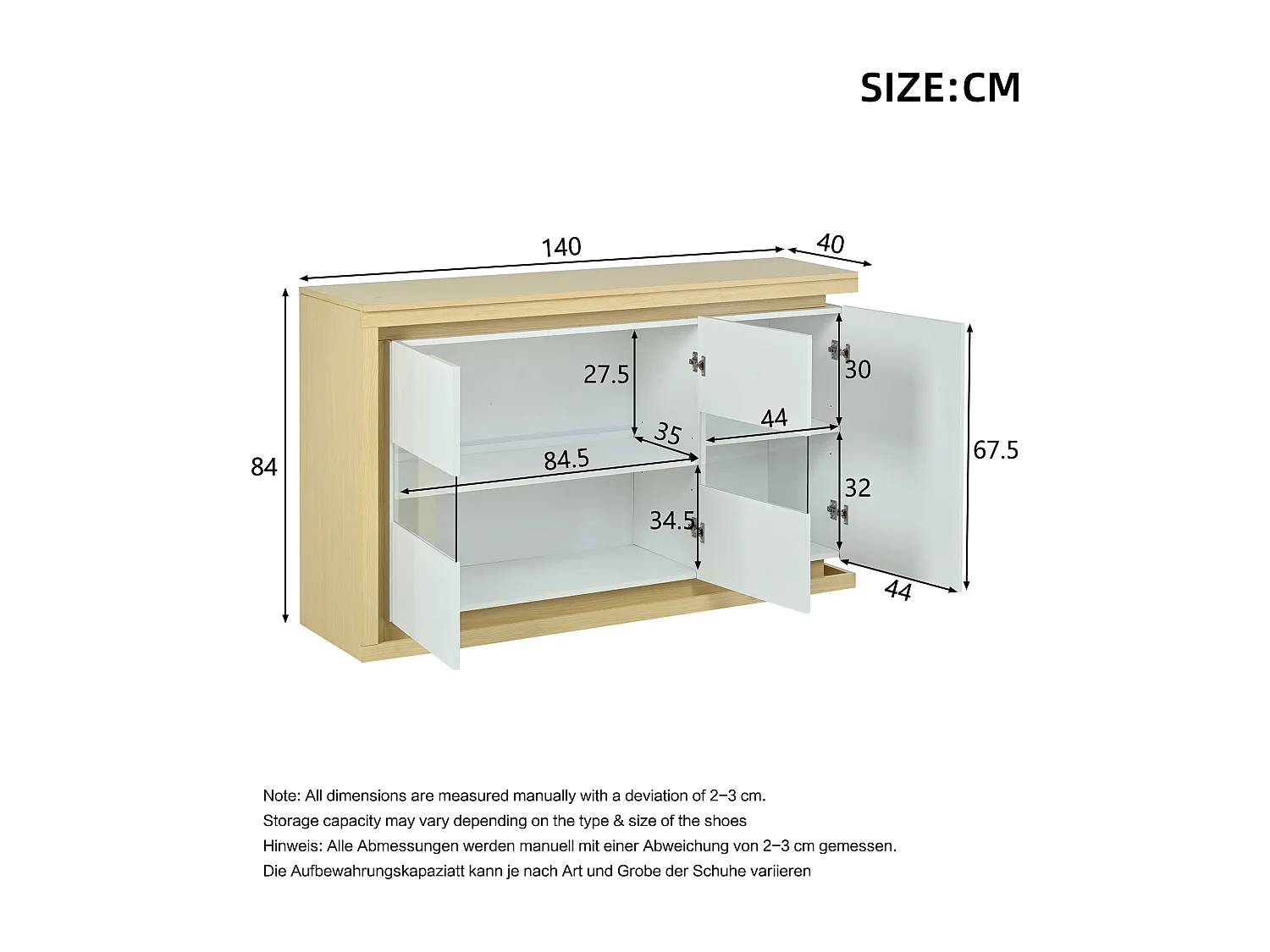 Komoda lakierowana na wysoki połysk do salonu - 140 x 40 x 84 cm - z diodami LED + drzwi ze szkła hartowanego - płyta wiórowa - kolor biały