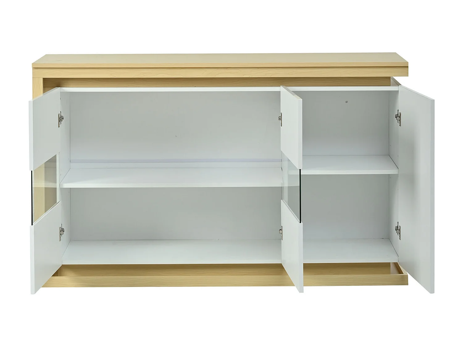 Komoda lakierowana na wysoki połysk do salonu - 140 x 40 x 84 cm - z diodami LED + drzwi ze szkła hartowanego - płyta wiórowa - kolor biały