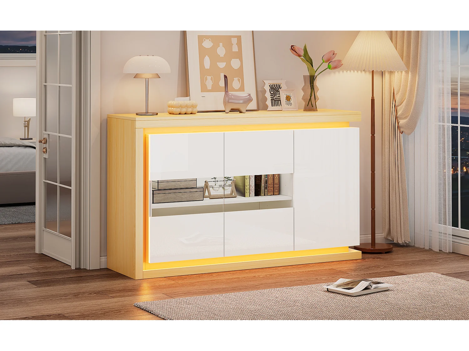 Komoda lakierowana na wysoki połysk do salonu - 140 x 40 x 84 cm - z diodami LED + drzwi ze szkła hartowanego - płyta wiórowa - kolor biały