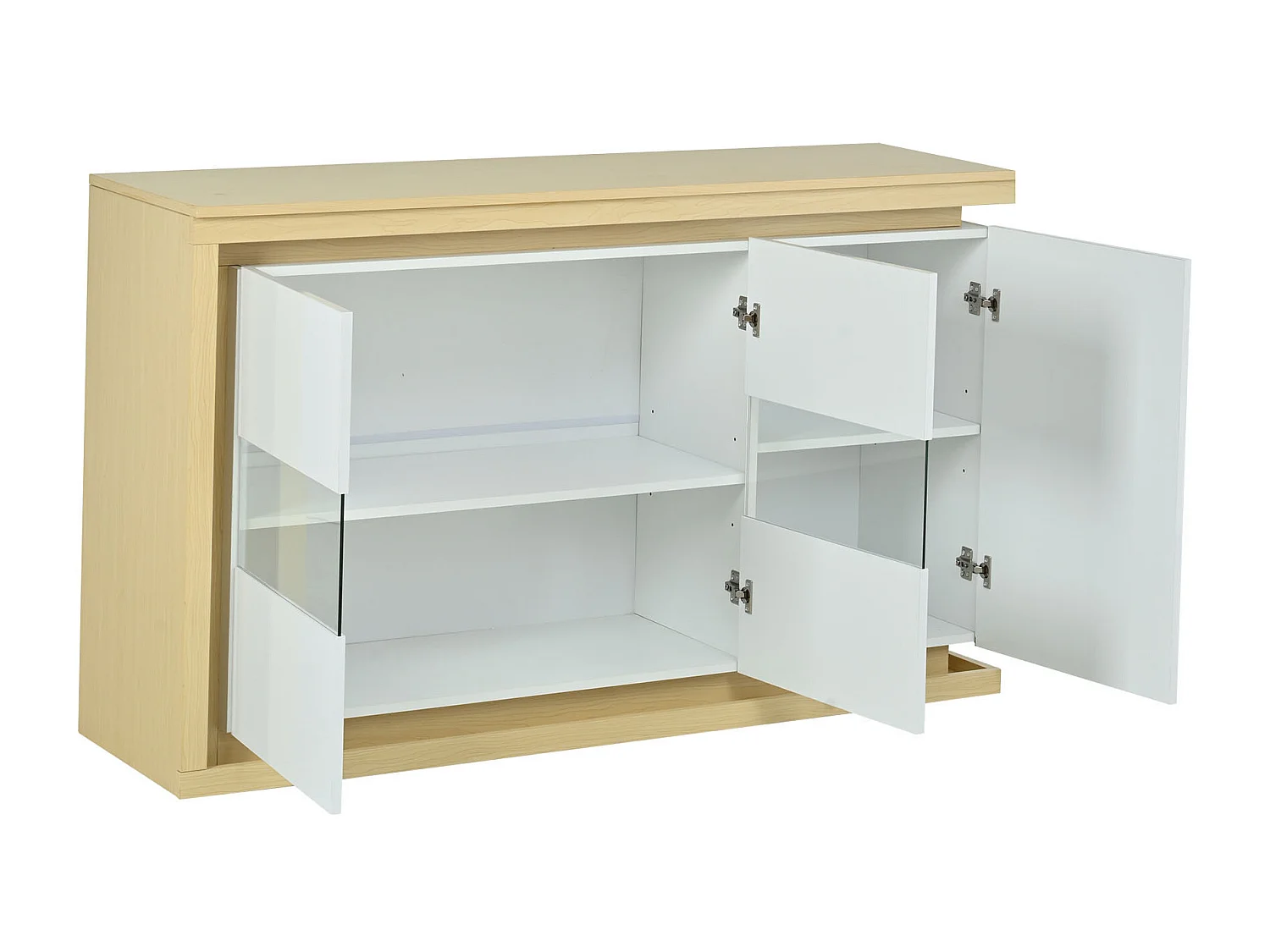 Komoda lakierowana na wysoki połysk do salonu - 140 x 40 x 84 cm - z diodami LED + drzwi ze szkła hartowanego - płyta wiórowa - kolor biały