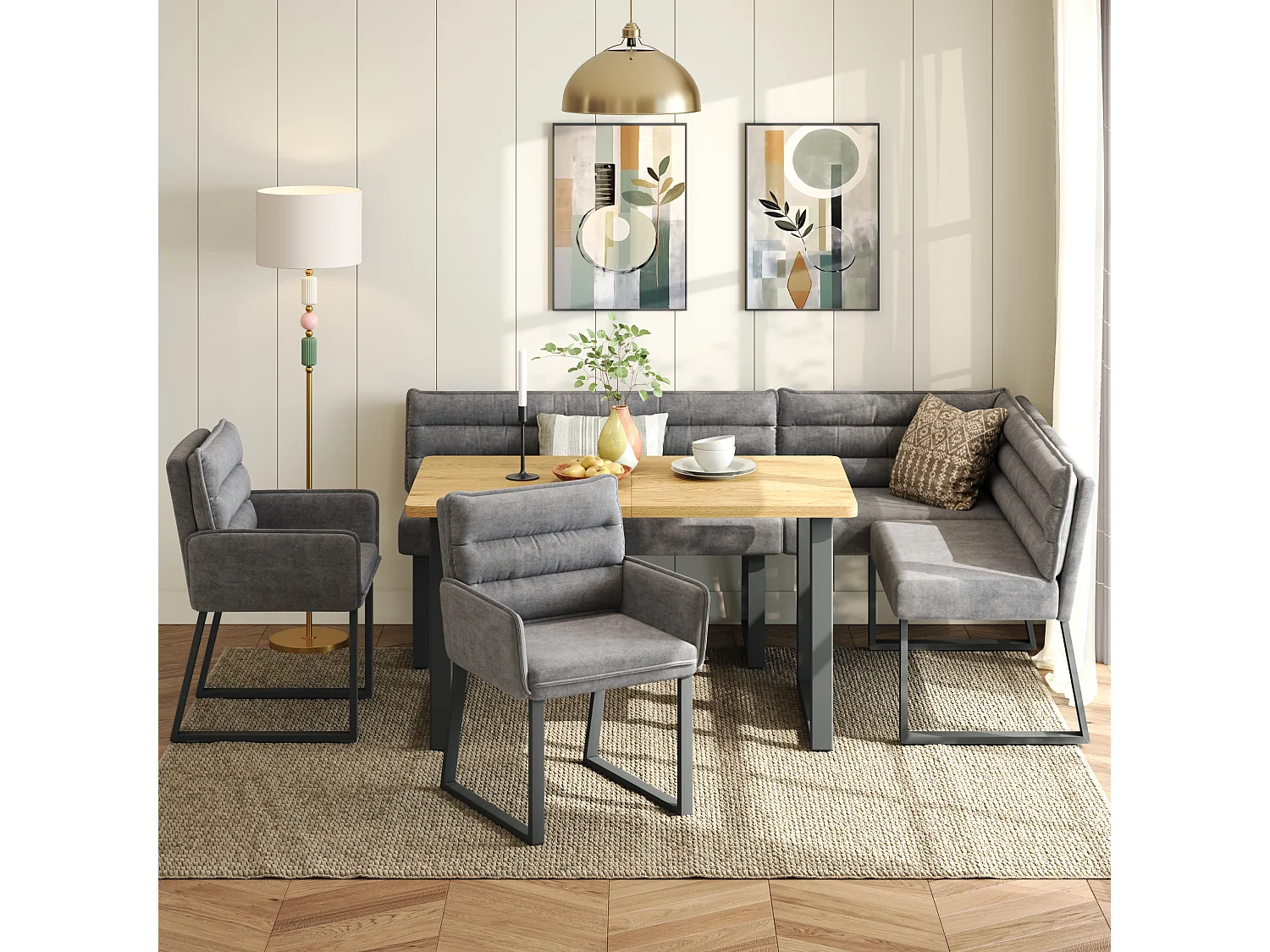 Ensemble table à manger 6 places - 1 banc d'angle, 2 chaises et 1 table - Tissu chenille - Gris