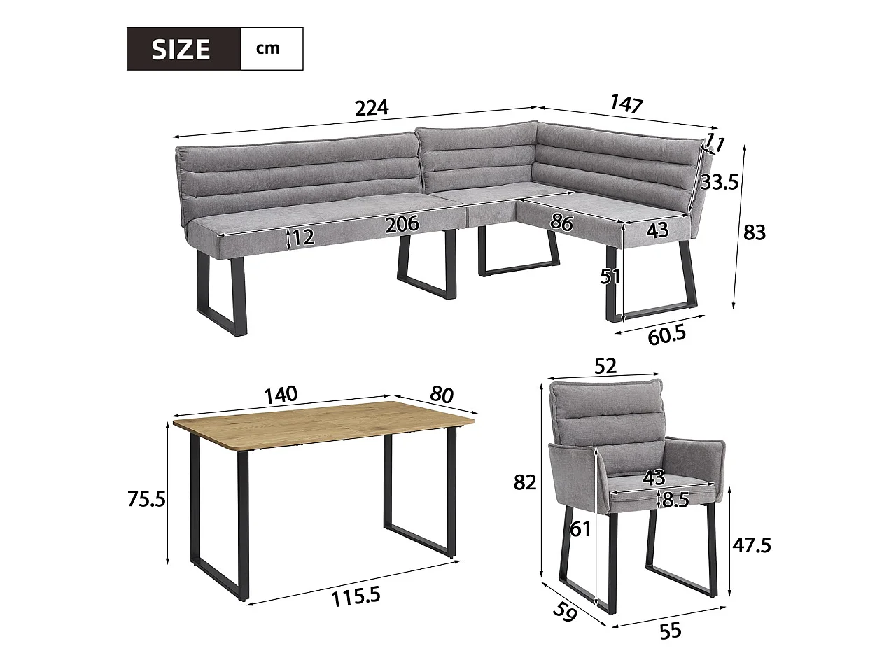 Ensemble table à manger 6 places - 1 banc d'angle, 2 chaises et 1 table - Tissu chenille - Gris