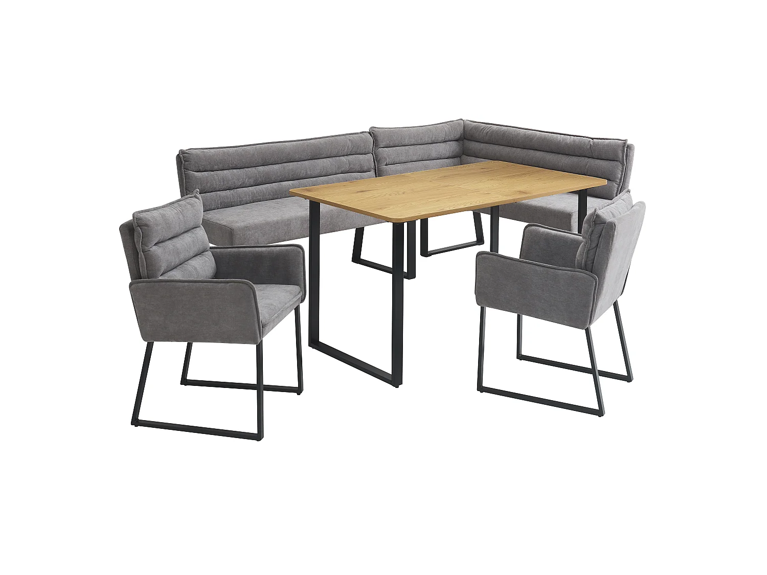 Ensemble table à manger 6 places - 1 banc d'angle, 2 chaises et 1 table - Tissu chenille - Gris