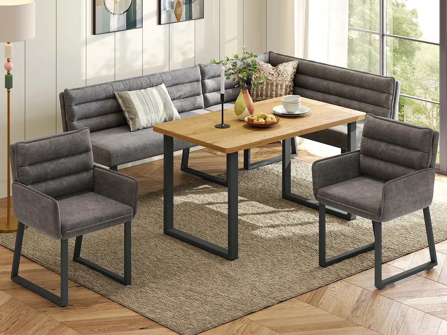 Ensemble table à manger 6 places - 1 banc d'angle, 2 chaises et 1 table - Tissu chenille - Gris