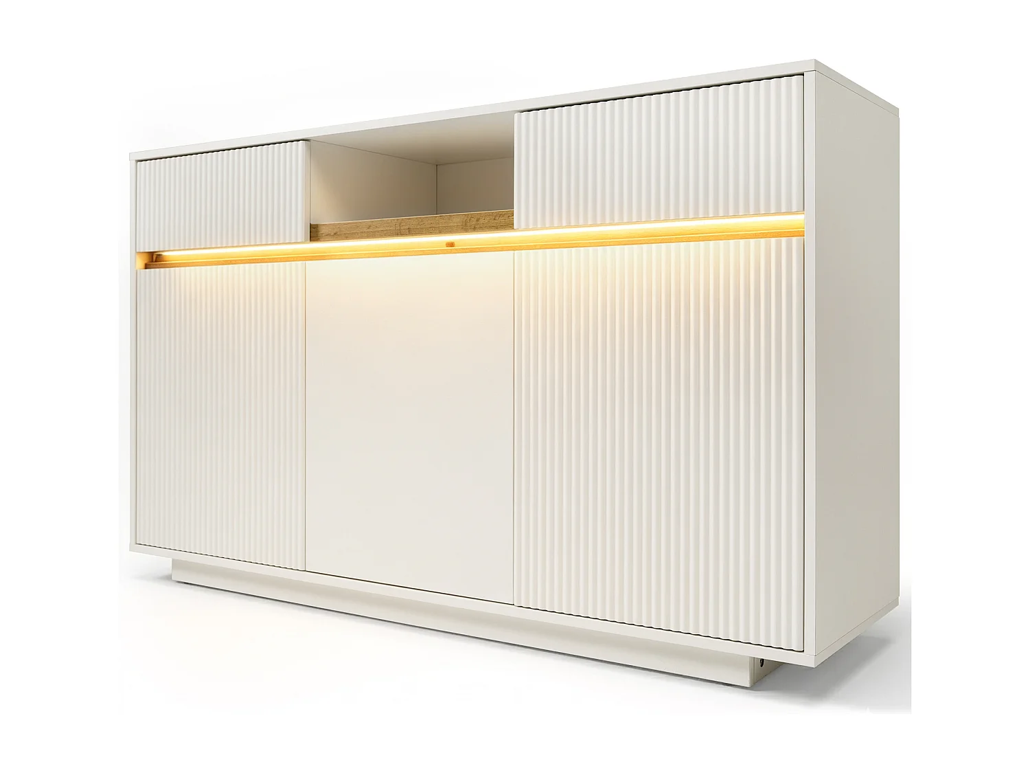 Nowoczesna komoda do salonu - 140 x 40 x 85 cm - z diodami LED + 2 szuflady + 3 drzwi - drewno - kolor biały