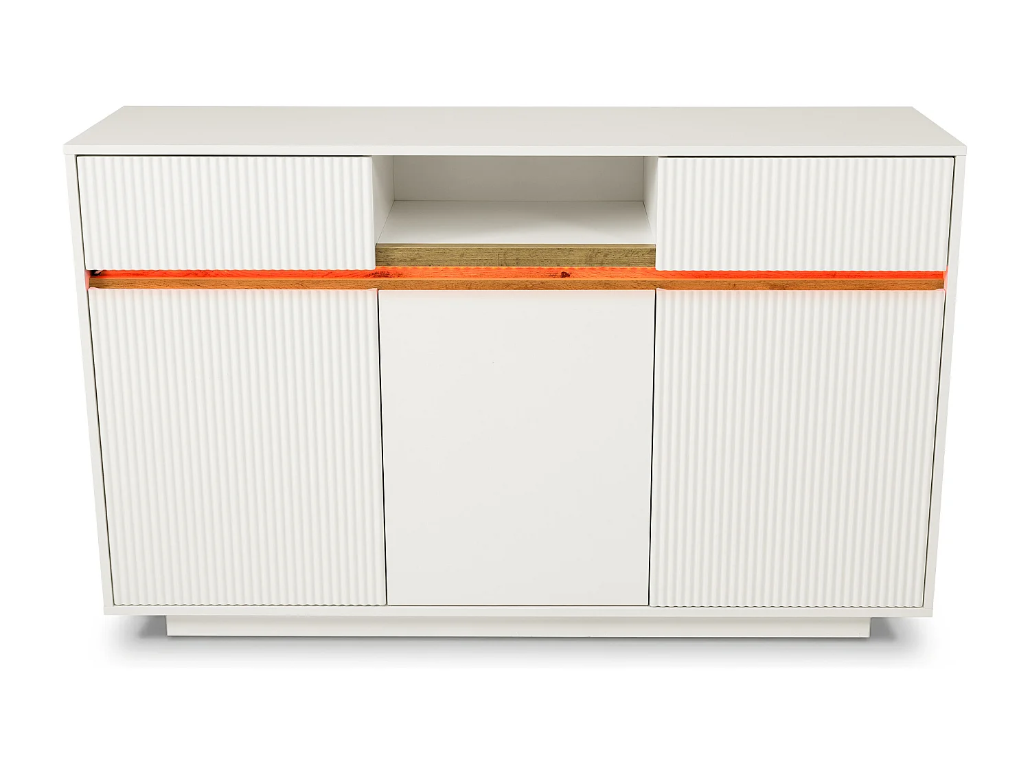 Nowoczesna komoda do salonu - 140 x 40 x 85 cm - z diodami LED + 2 szuflady + 3 drzwi - drewno - kolor biały