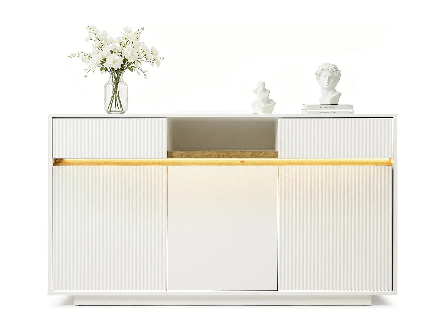 Nowoczesna komoda do salonu - 140 x 40 x 85 cm - z diodami LED + 2 szuflady + 3 drzwi - drewno - kolor biały