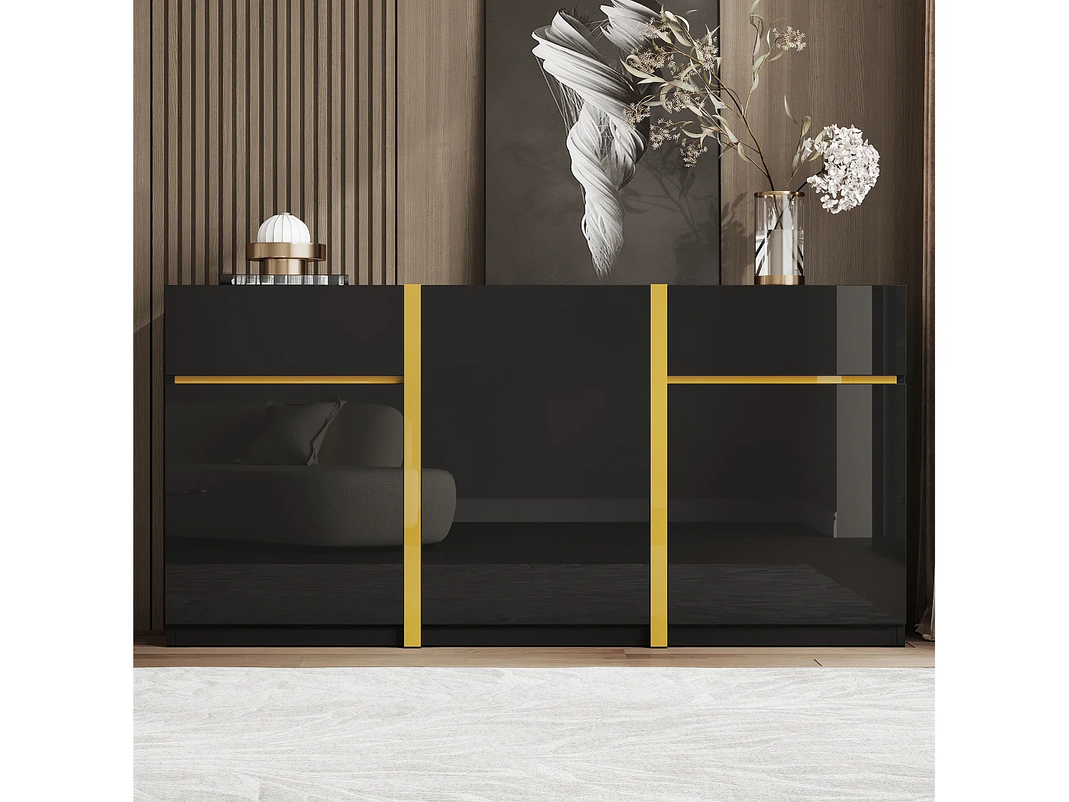 Buffet finition laquée brillante avec 3 portes et 2 tiroirs - Noir 160 x 40 x 78 cm