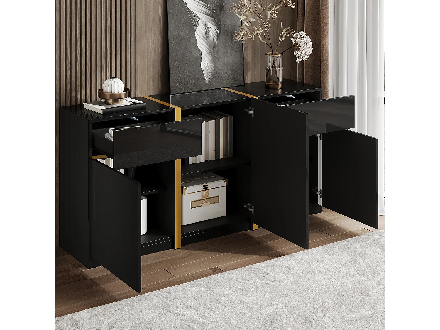 Buffet finition laquée brillante avec 3 portes et 2 tiroirs - Noir 160 x 40 x 78 cm