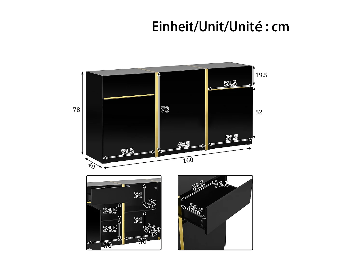 Buffet finition laquée brillante avec 3 portes et 2 tiroirs - Noir 160 x 40 x 78 cm