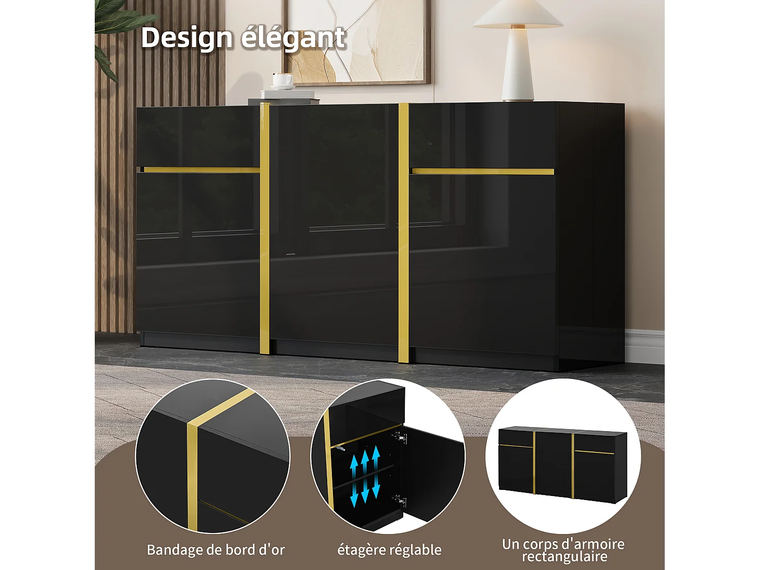 Buffet finition laquée brillante avec 3 portes et 2 tiroirs - Noir 160 x 40 x 78 cm