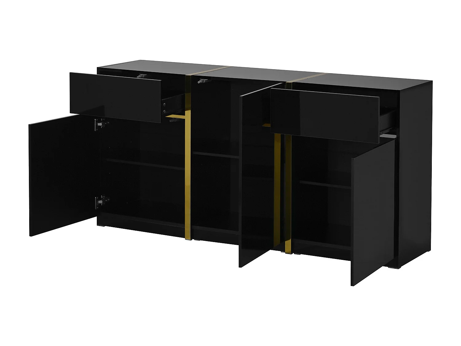 Buffet finition laquée brillante avec 3 portes et 2 tiroirs - Noir 160 x 40 x 78 cm