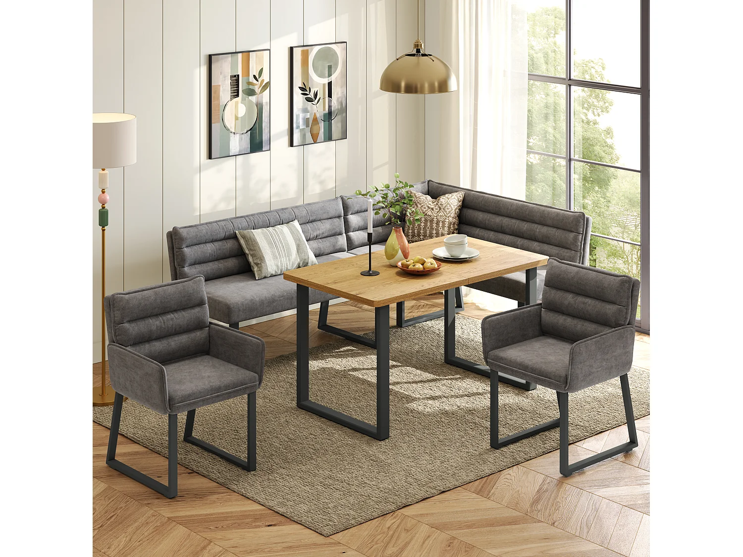 Ensemble table et chaise de salle à manger - avec un banc d'angle + 2 chaise + 1 table - chenille + MDF - gris