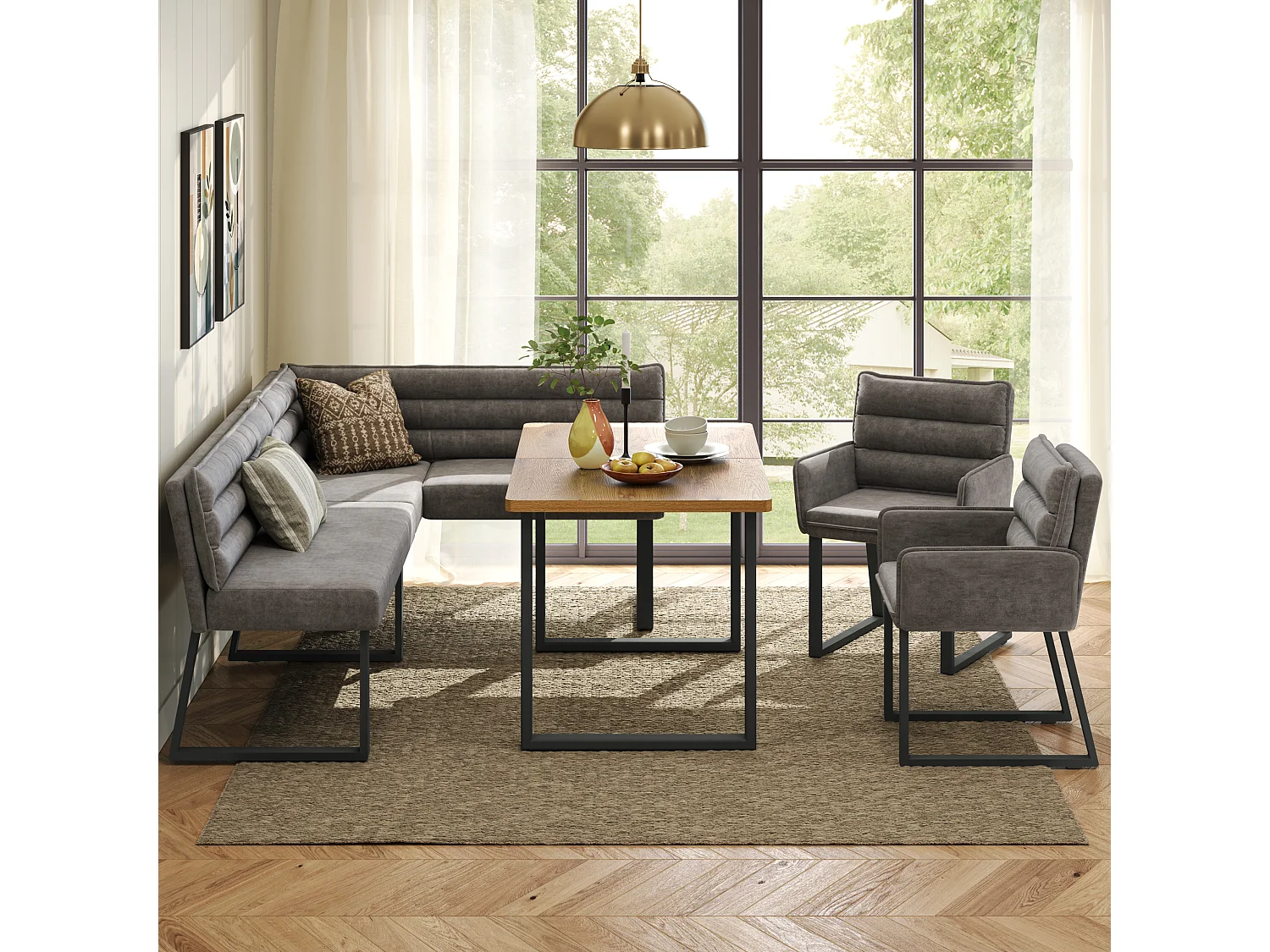 Ensemble table et chaise de salle à manger - avec un banc d'angle + 2 chaise + 1 table - chenille + MDF - gris