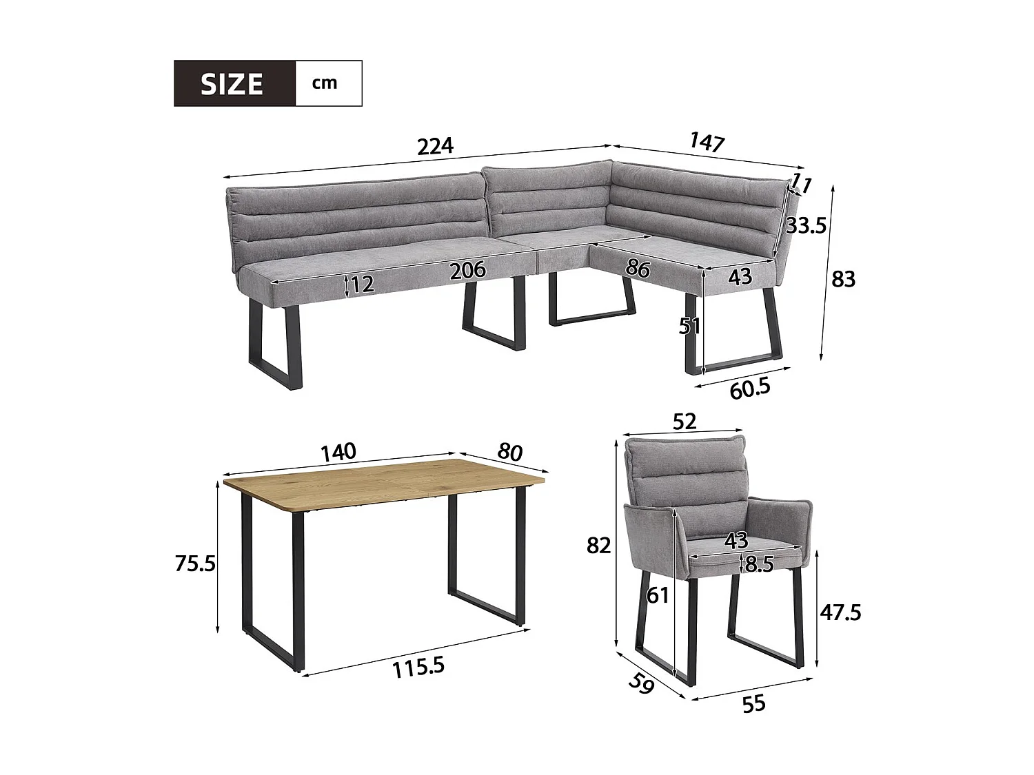Ensemble table et chaise de salle à manger - avec un banc d'angle + 2 chaise + 1 table - chenille + MDF - gris