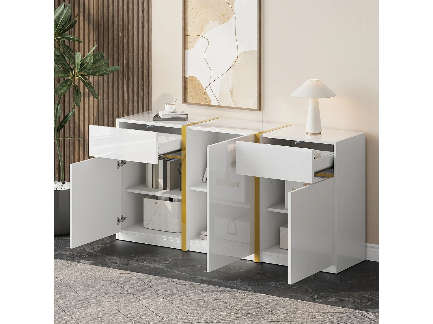 Buffet finition laquée brillante avec 3 portes et 2 tiroirs - Blanc 160 x 40 x 78 cm