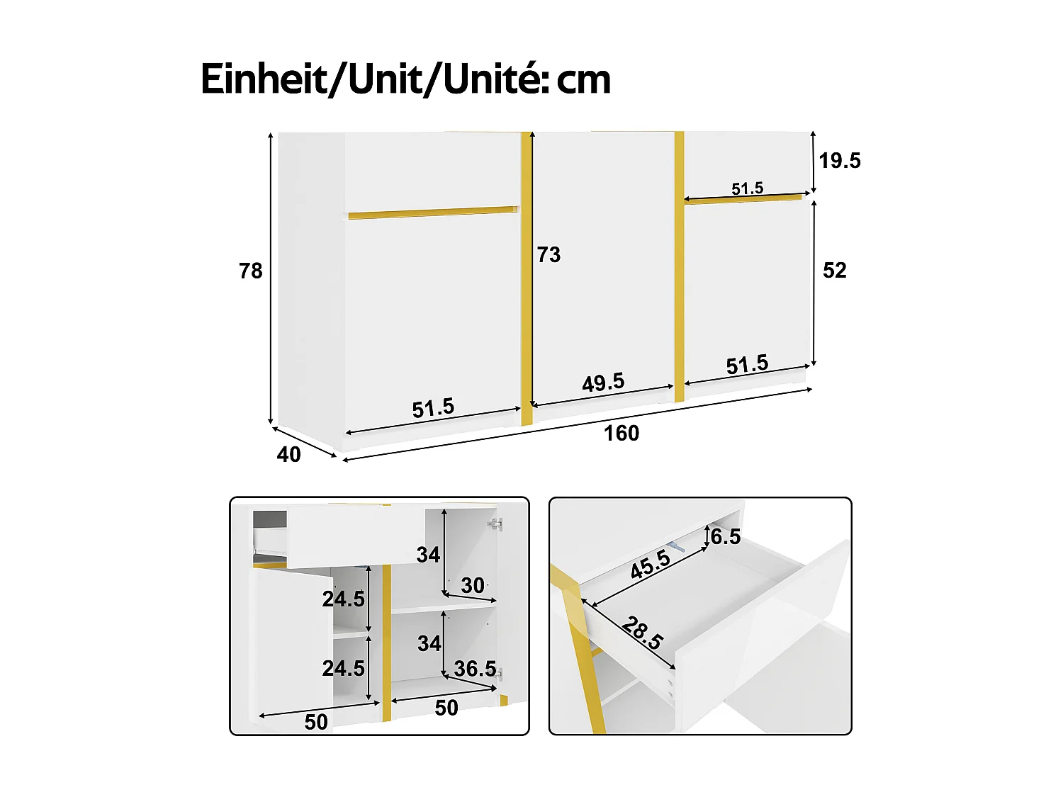 Buffet finition laquée brillante avec 3 portes et 2 tiroirs - Blanc 160 x 40 x 78 cm