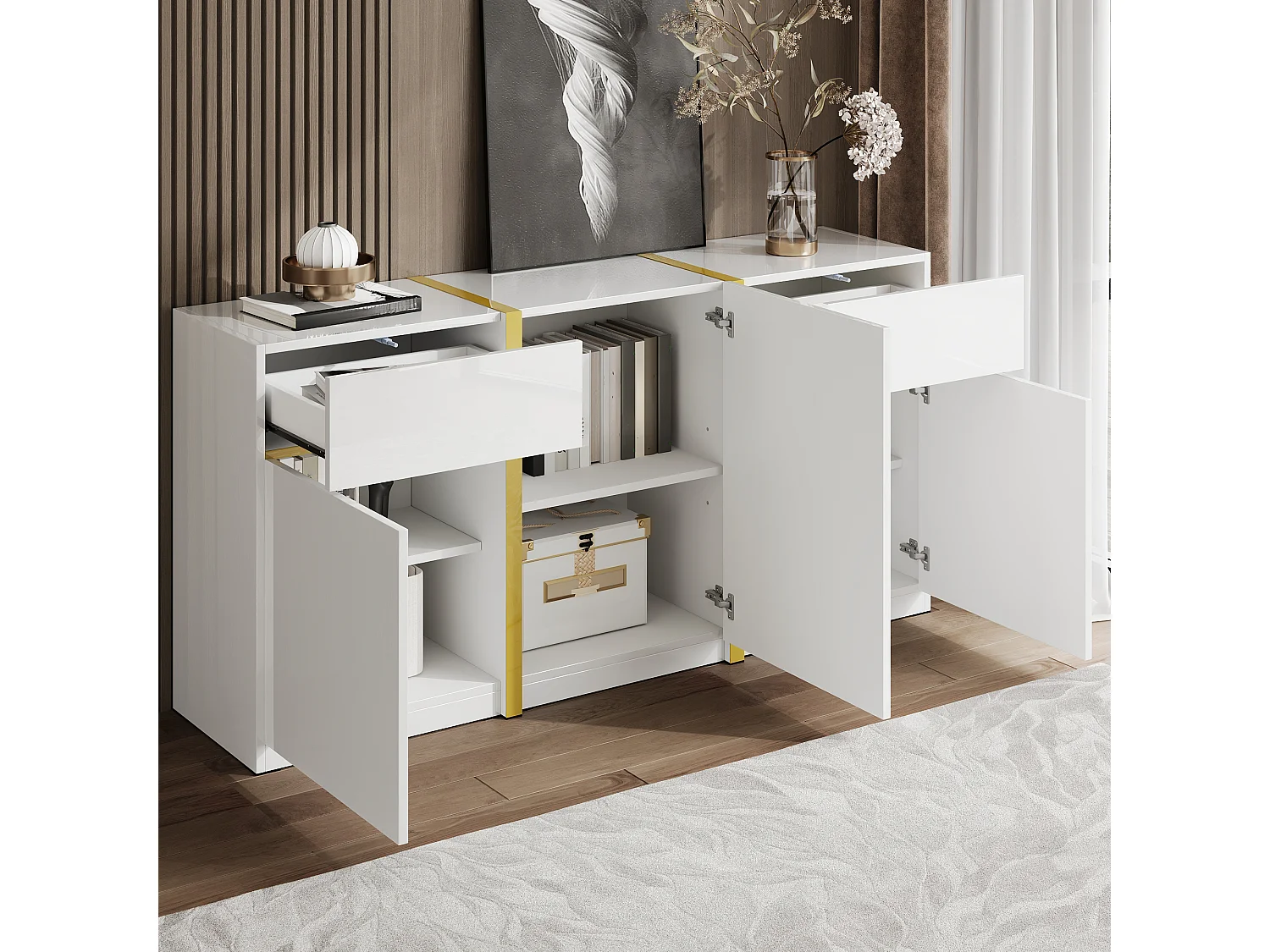 Buffet finition laquée brillante avec 3 portes et 2 tiroirs - Blanc 160 x 40 x 78 cm