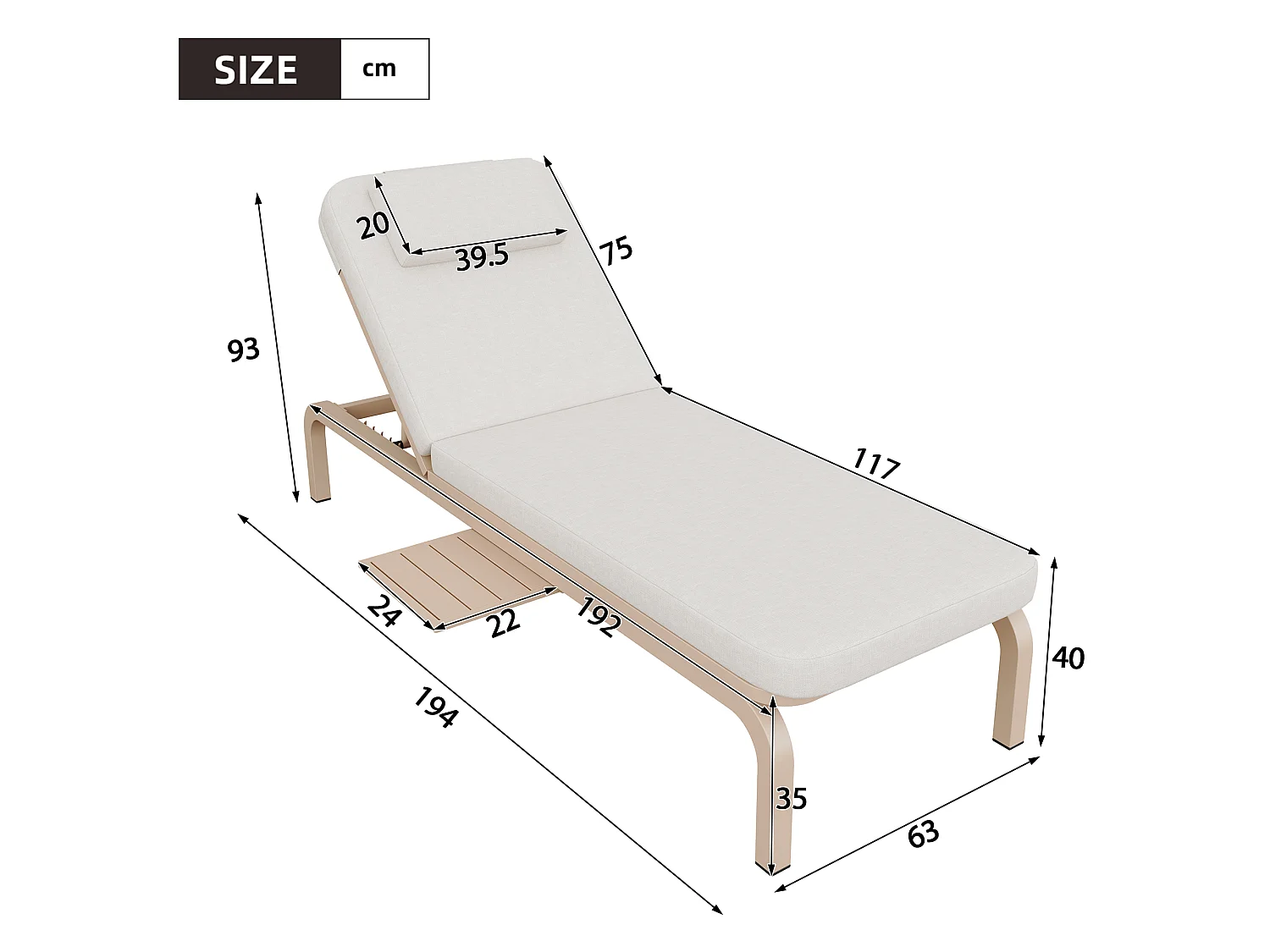 Leżak ogrodowy pojedynczy - regulowane oparcie (5 pozycji), z rozsuwanym stolikiem bocznym i zagłówkiem - Beżowy
