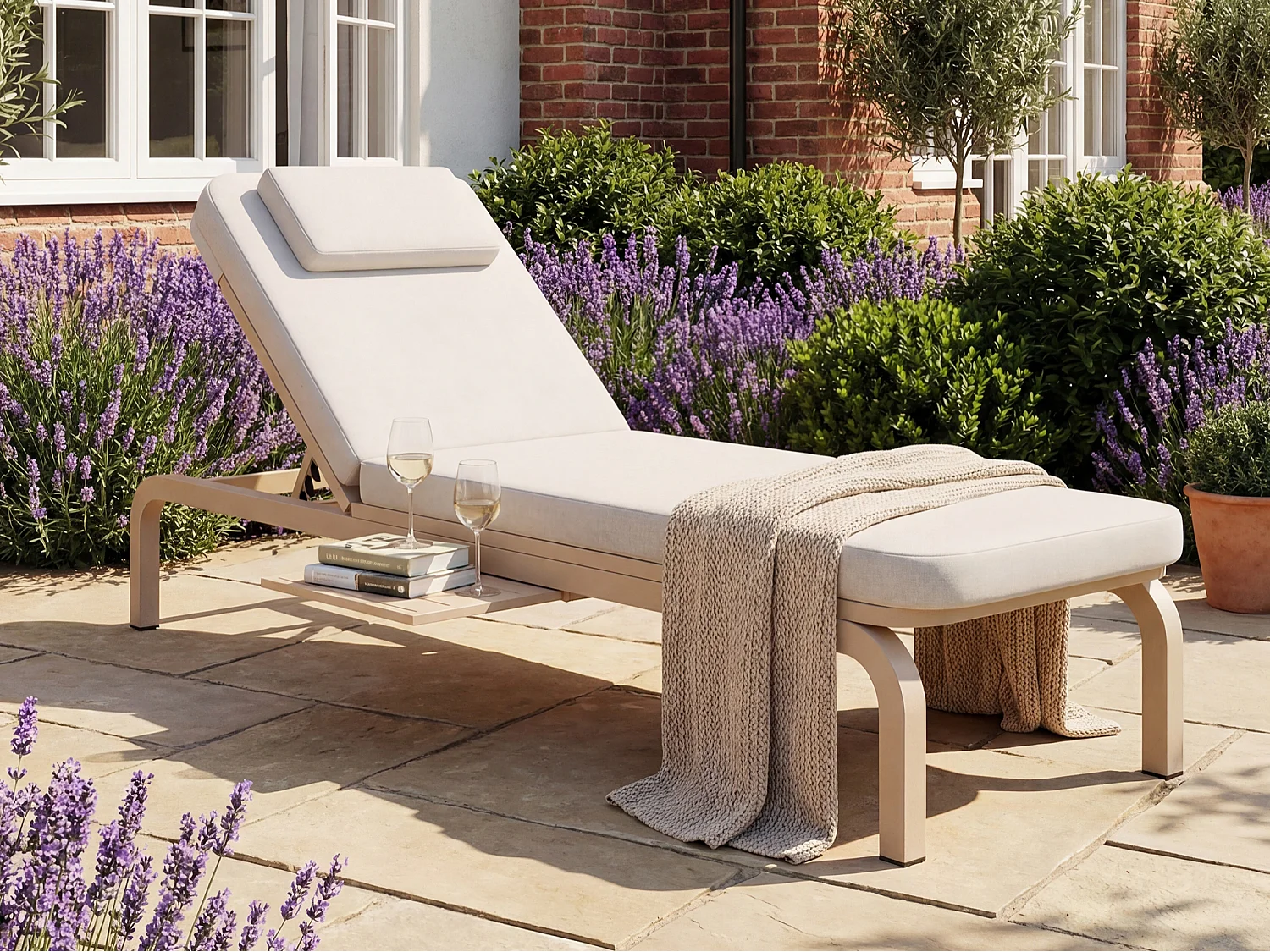 Leżak ogrodowy pojedynczy - regulowane oparcie (5 pozycji), z rozsuwanym stolikiem bocznym i zagłówkiem - Beżowy