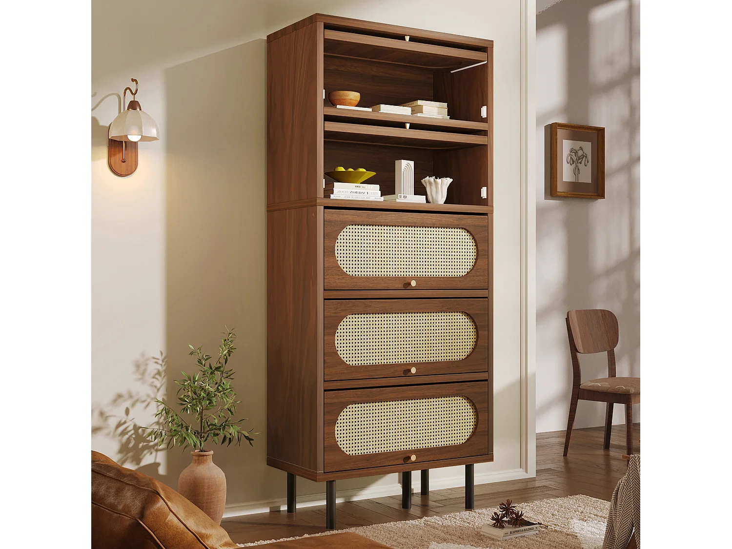 Buffet haut en noyer et rotin - 80 x 40 x 163 cm - avec 5 portes - pieds en métal - bois - marron