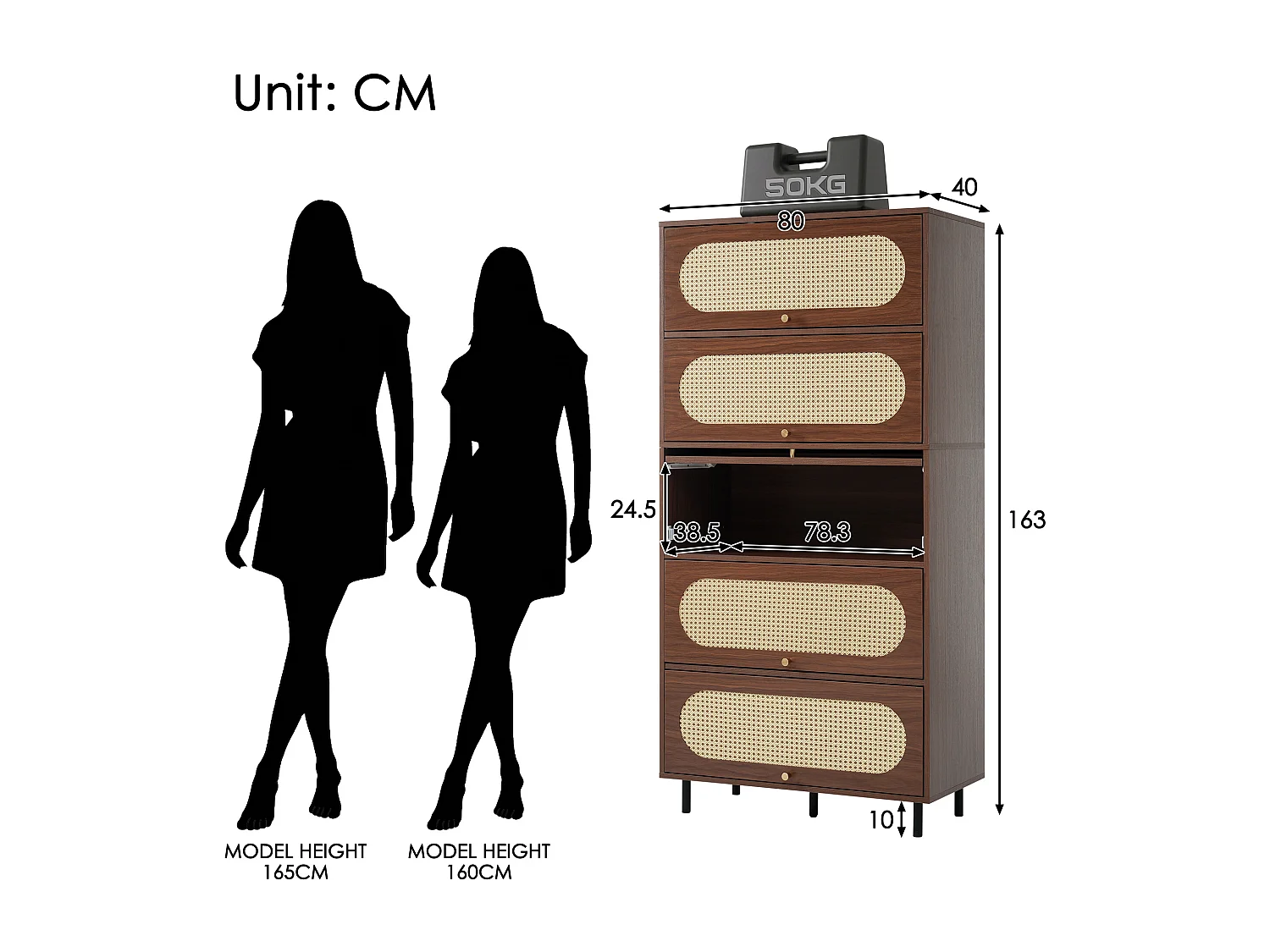 Buffet haut en noyer et rotin - 80 x 40 x 163 cm - avec 5 portes - pieds en métal - bois - marron