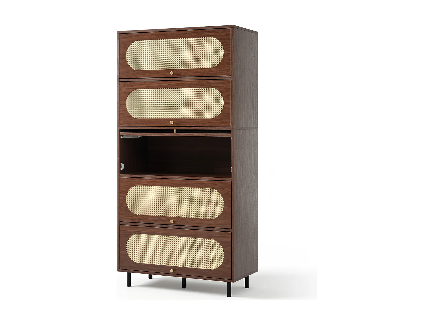 Buffet haut en noyer et rotin - 80 x 40 x 163 cm - avec 5 portes - pieds en métal - bois - marron