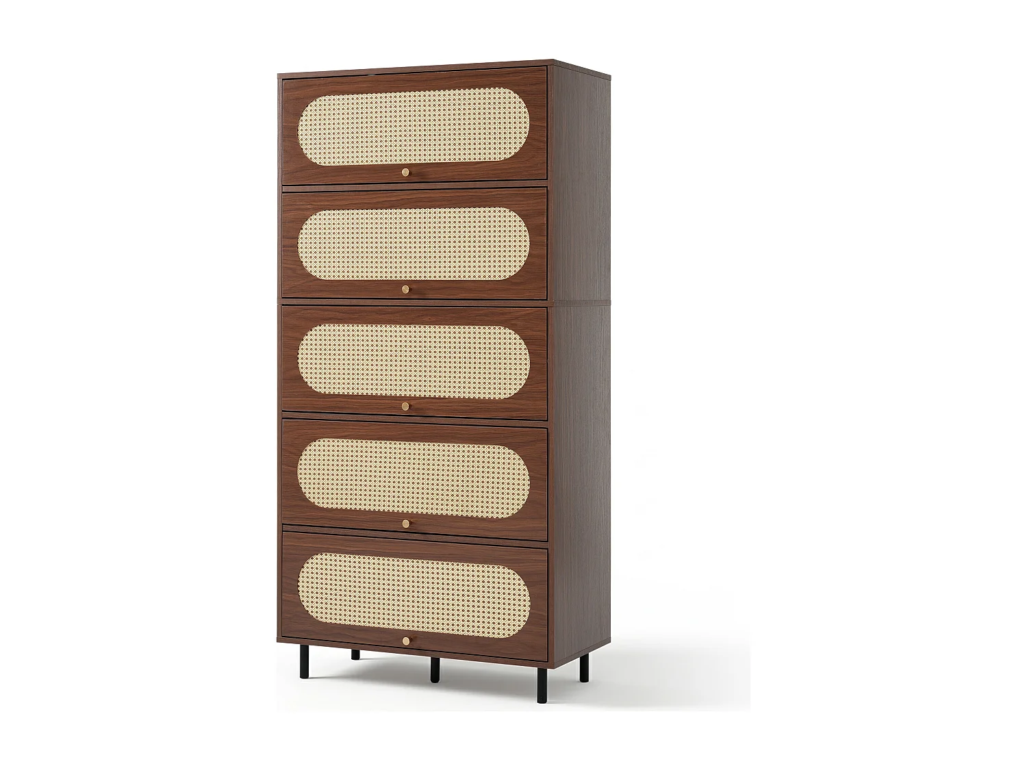 Buffet haut en noyer et rotin - 80 x 40 x 163 cm - avec 5 portes - pieds en métal - bois - marron