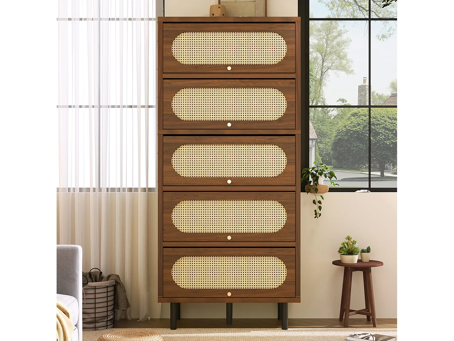 Buffet haut en noyer et rotin - 80 x 40 x 163 cm - avec 5 portes - pieds en métal - bois - marron